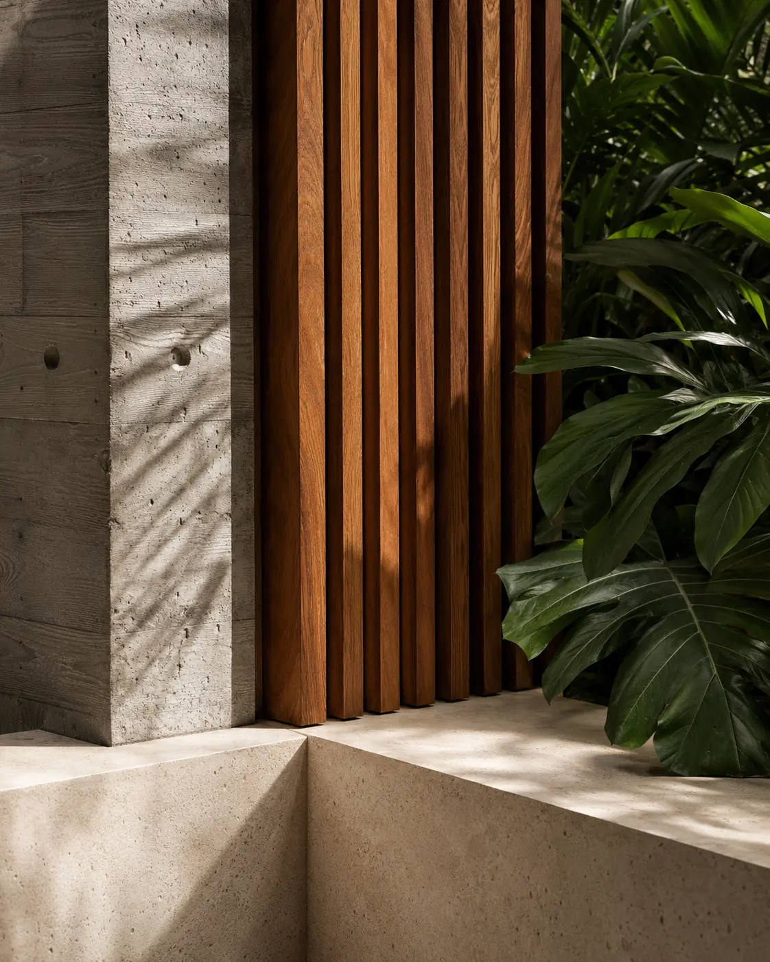 Concept material study of concrete, timber and vegetation