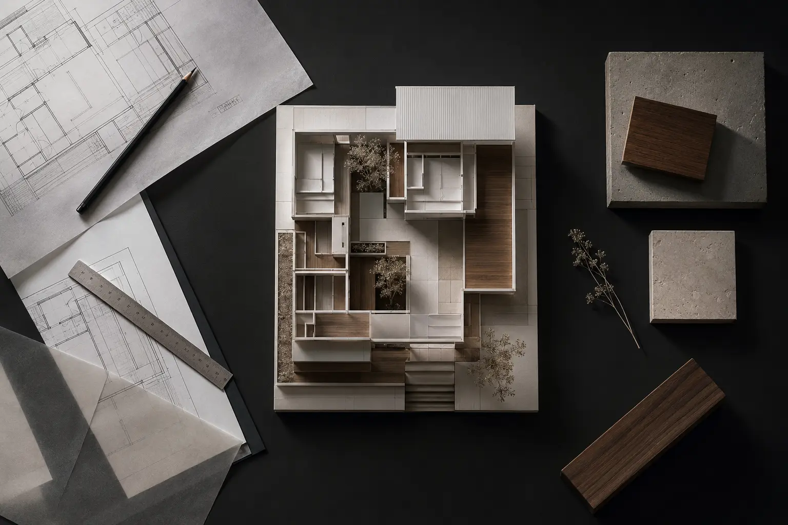 Working table with drawings and model